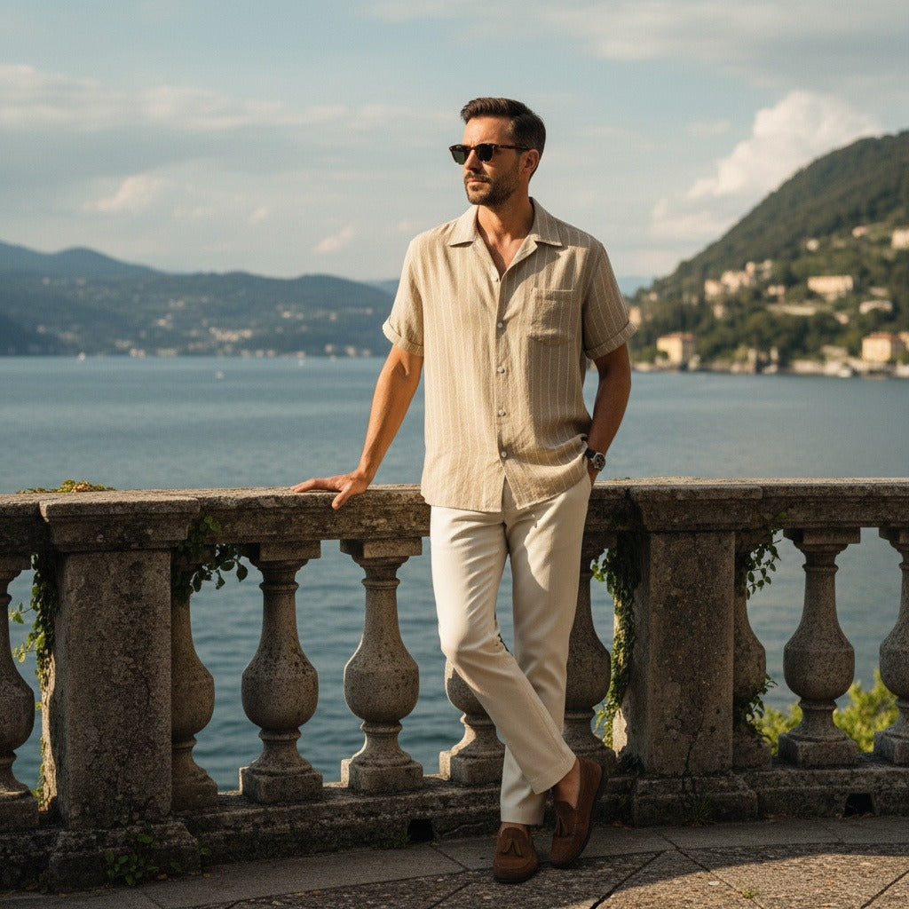Striped Linen Shirt - Desert Sand - Angled Shot