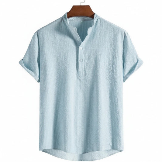 Striped Linen T Shirt - Sky Blue - Front View