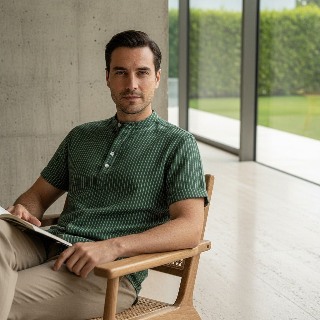 Striped Linen T Shirt - Forest Green - Side Profile