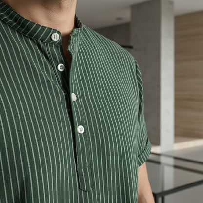 Striped Linen T Shirt - Forest Green - Back View