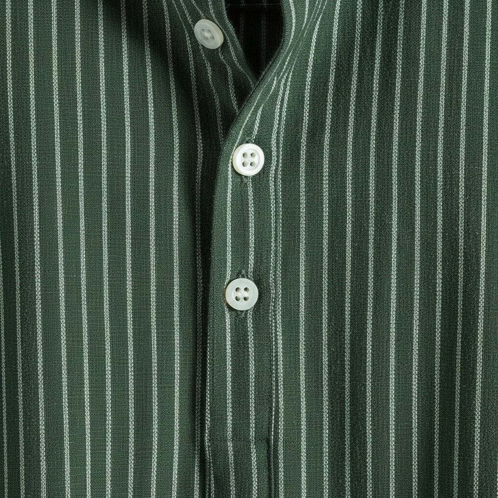 Striped Linen T Shirt - Forest Green - Texture Close Up