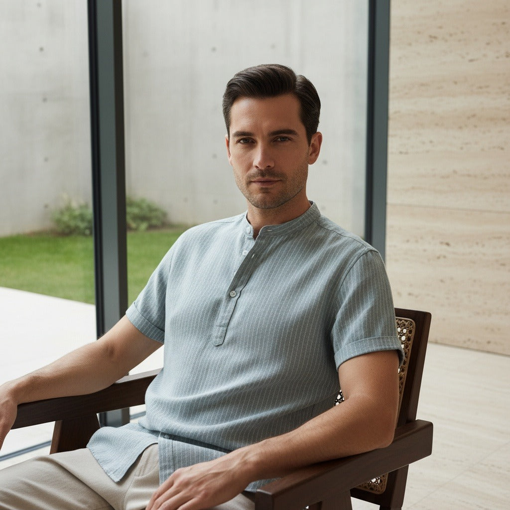 Striped Linen T Shirt - Seafoam Green - Side Profile