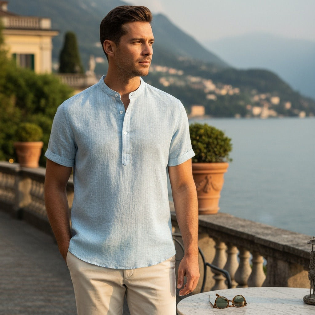 Striped Linen T Shirt - Sky Blue - Angled Shot