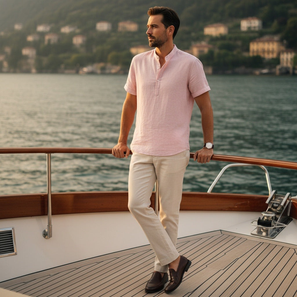 Striped Linen T Shirt - Rose Quartz - Angled Shot