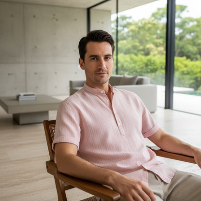 Striped Linen T Shirt - Rose Quartz - Side Profile