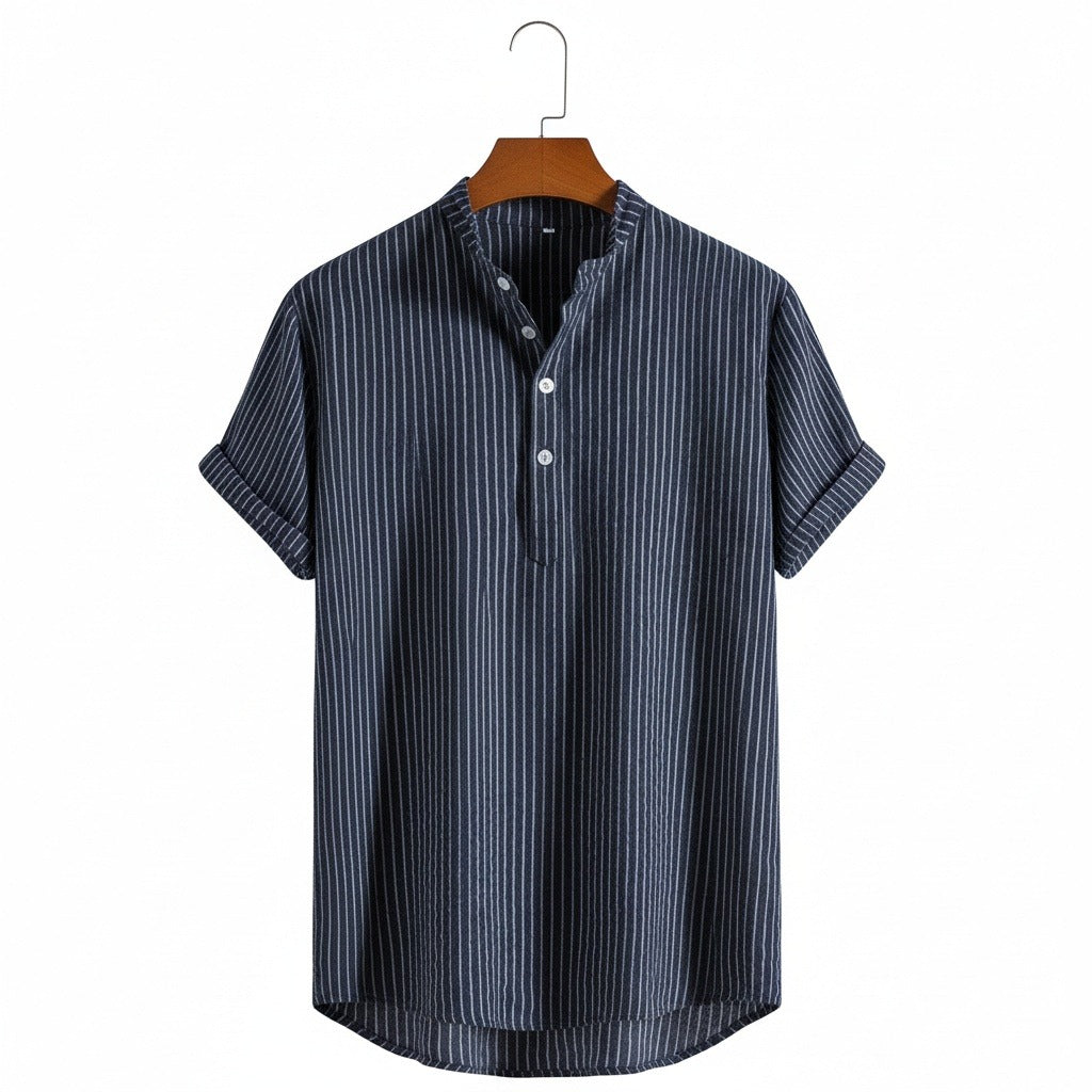 Striped Linen T Shirt - Midnight Blue - Front View