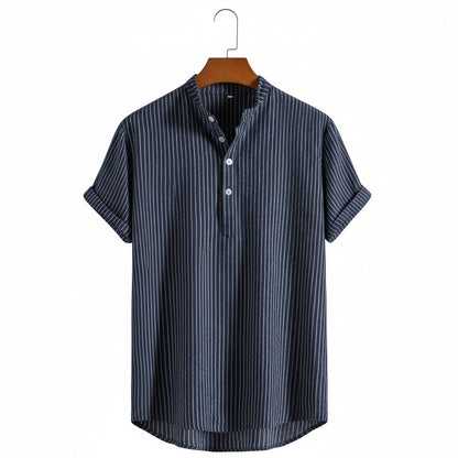 Striped Linen T Shirt - Midnight Blue - Front View