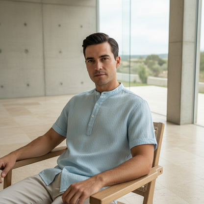 Striped Linen T Shirt - Sky Blue - Side Profile