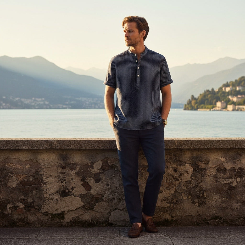 Striped Linen T Shirt - Midnight Blue - Angled Shot