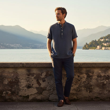 Striped Linen T Shirt - Midnight Blue - Angled Shot