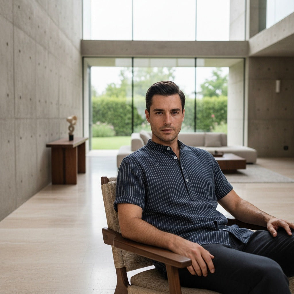 Striped Linen T Shirt - Midnight Blue - Side Profile