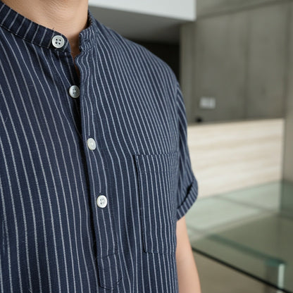 Striped Linen T Shirt - Midnight Blue - Back View