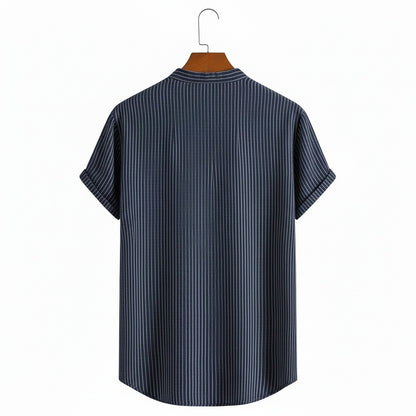 Striped Linen T Shirt - Midnight Blue - Fabric Detail