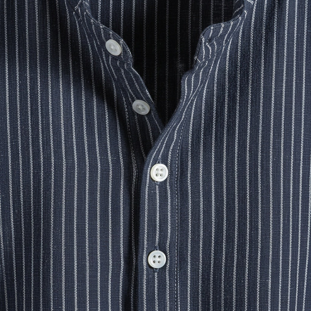Striped Linen T Shirt - Midnight Blue - Texture Close Up