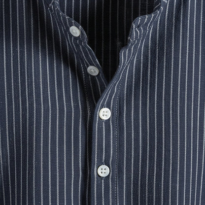 Striped Linen T Shirt - Midnight Blue - Texture Close Up