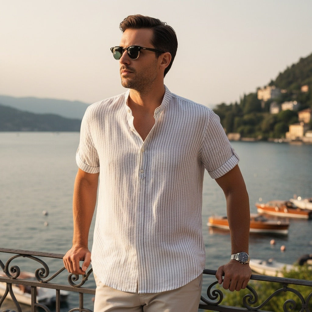 Striped Linen T Shirt - Pinstripe White - Angled Shot