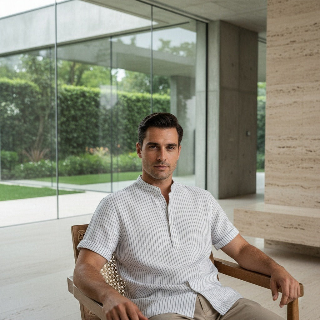 Striped Linen T Shirt - Pinstripe White - Side Profile