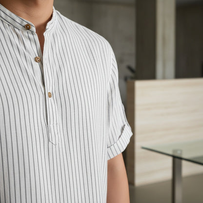 Striped Linen T Shirt - Pinstripe White - Back View