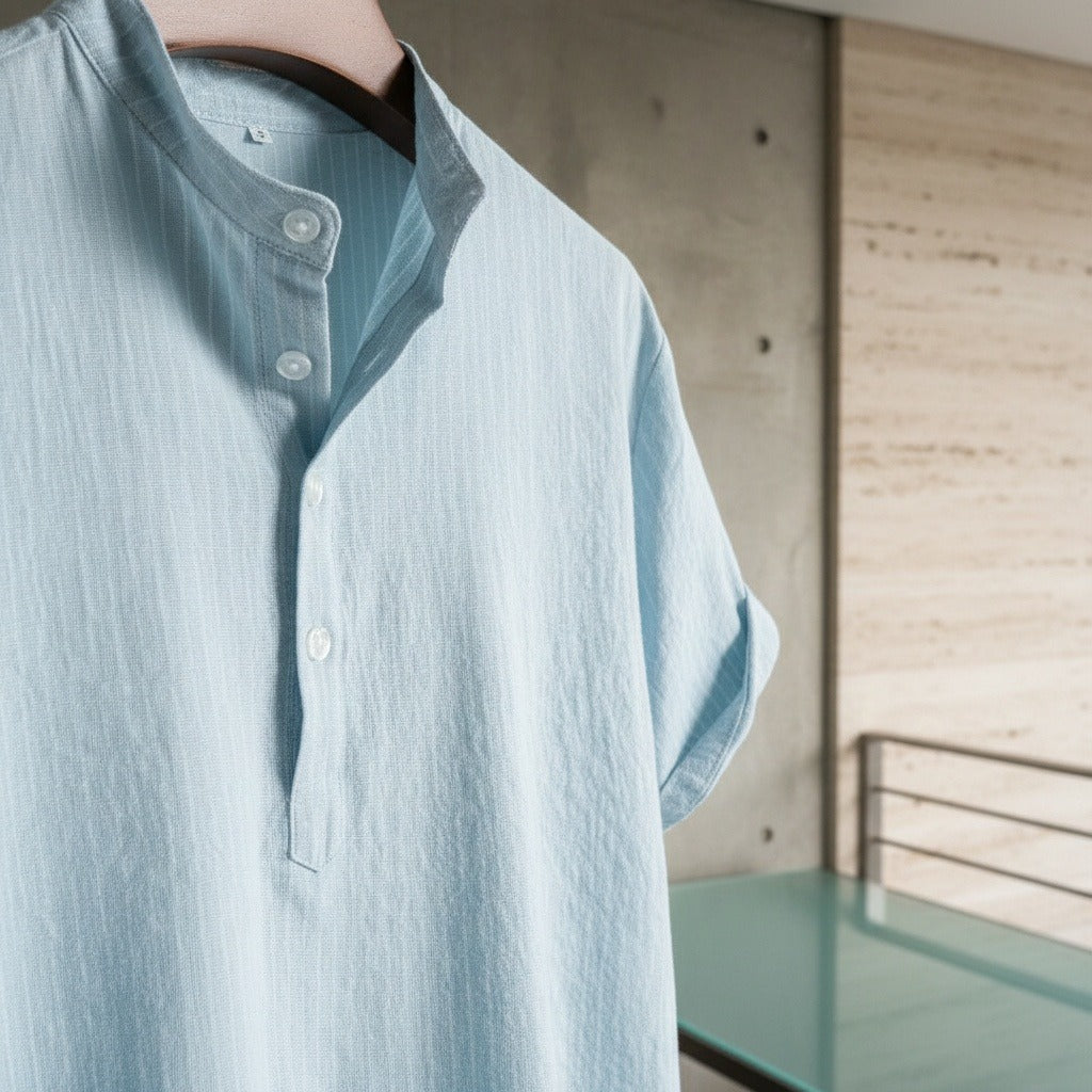 Striped Linen T Shirt - Sky Blue - Back View
