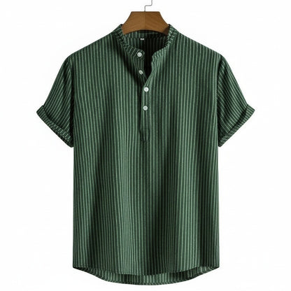 Striped Linen T Shirt - Forest Green - Front View
