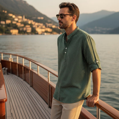 Striped Linen T Shirt - Forest Green - Angled Shot