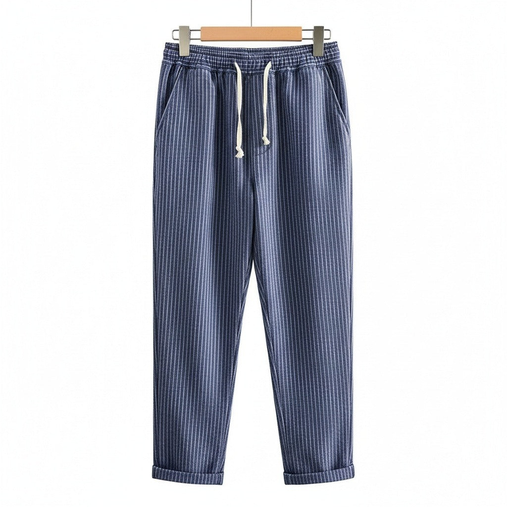 Striped Linen Trousers Men - Navy Stripe - Front View