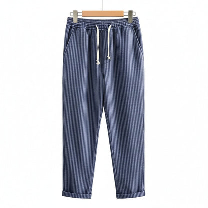 Striped Linen Trousers Men - Navy Stripe - Front View