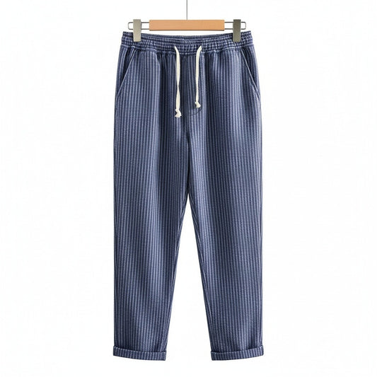 Striped Linen Trousers Men - Navy Stripe - Front View