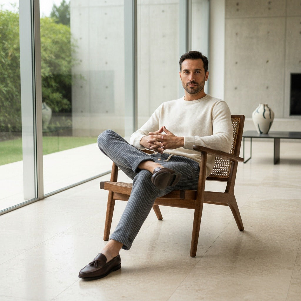 Striped Linen Trousers Men - Charcoal Stripe - Side Profile
