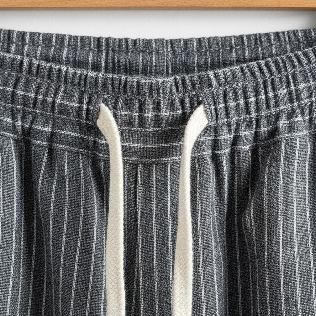 Striped Linen Trousers Men - Charcoal Stripe - Texture Close Up