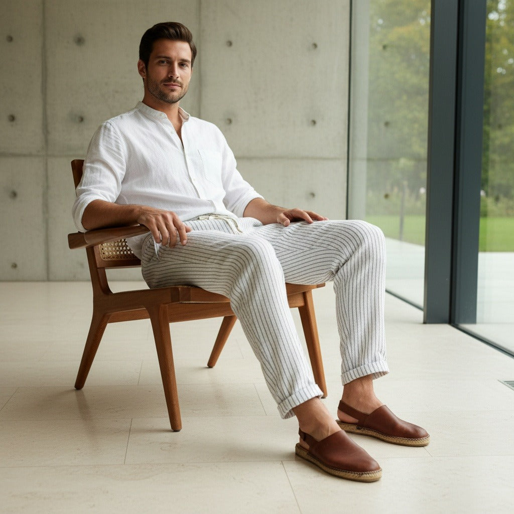 Striped Linen Trousers Men - Pinstripe Ash - Side Profile