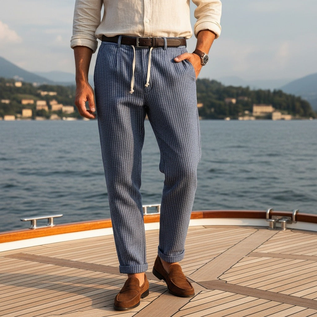 Striped Linen Trousers Men - Navy Stripe - Angled Shot