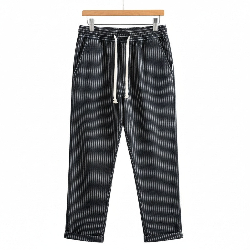 Striped Linen Trousers Men - Midnight Pinstripe - Front View