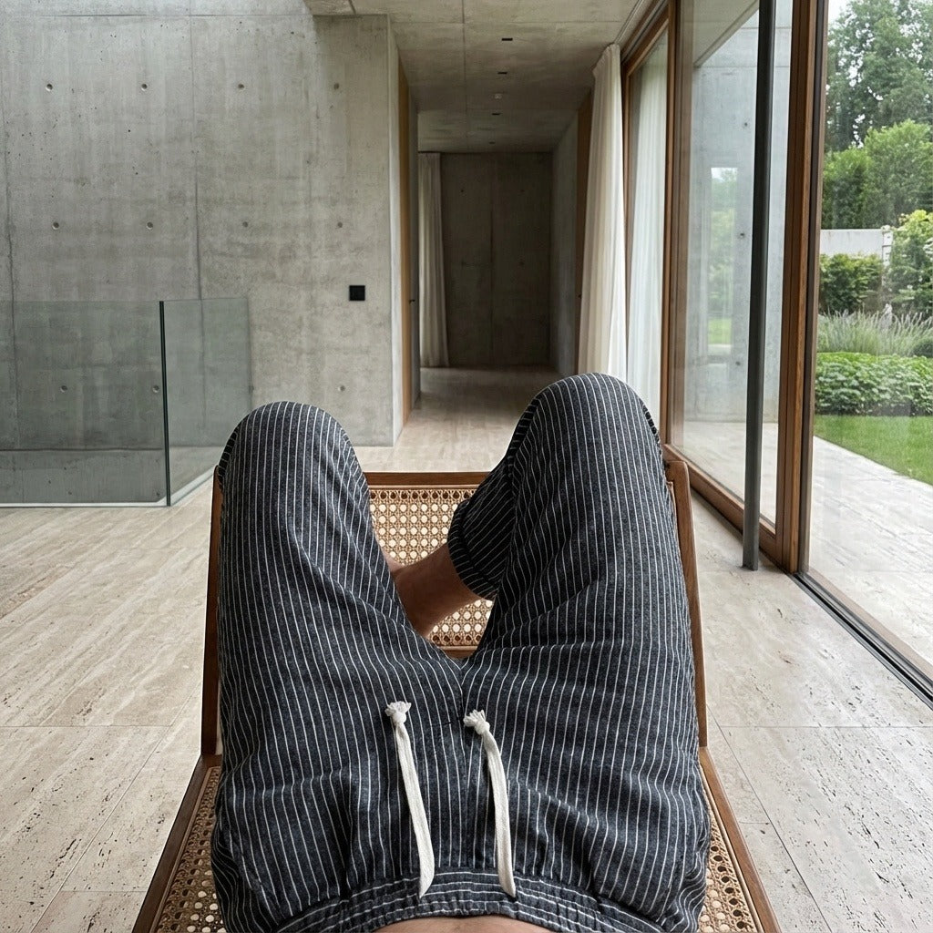 Striped Linen Trousers Men - Midnight Pinstripe - Side Profile