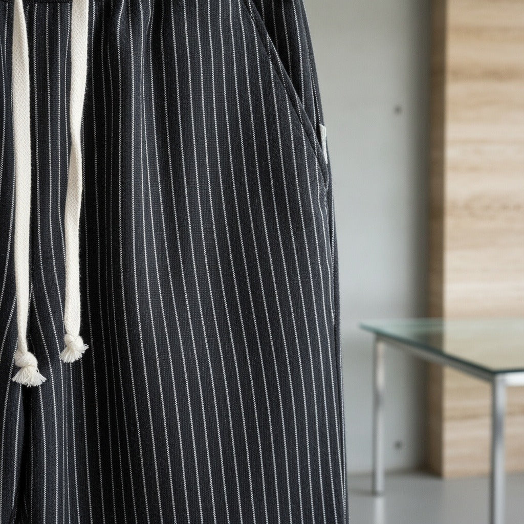 Striped Linen Trousers Men - Midnight Pinstripe - Back View