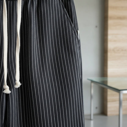 Striped Linen Trousers Men - Midnight Pinstripe - Back View