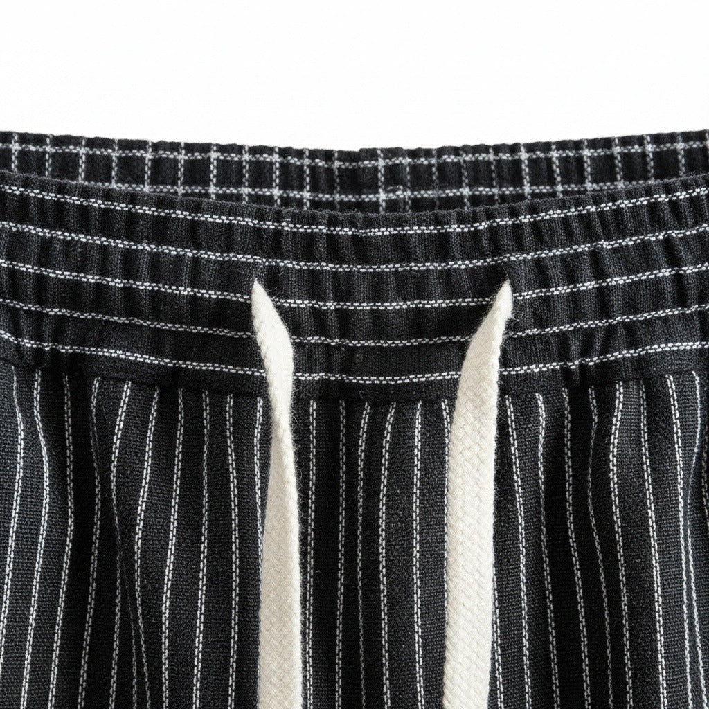 Striped Linen Trousers Men - Midnight Pinstripe - Texture Close Up
