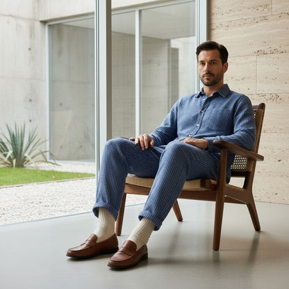 Striped Linen Trousers Men - Navy Stripe - Side Profile