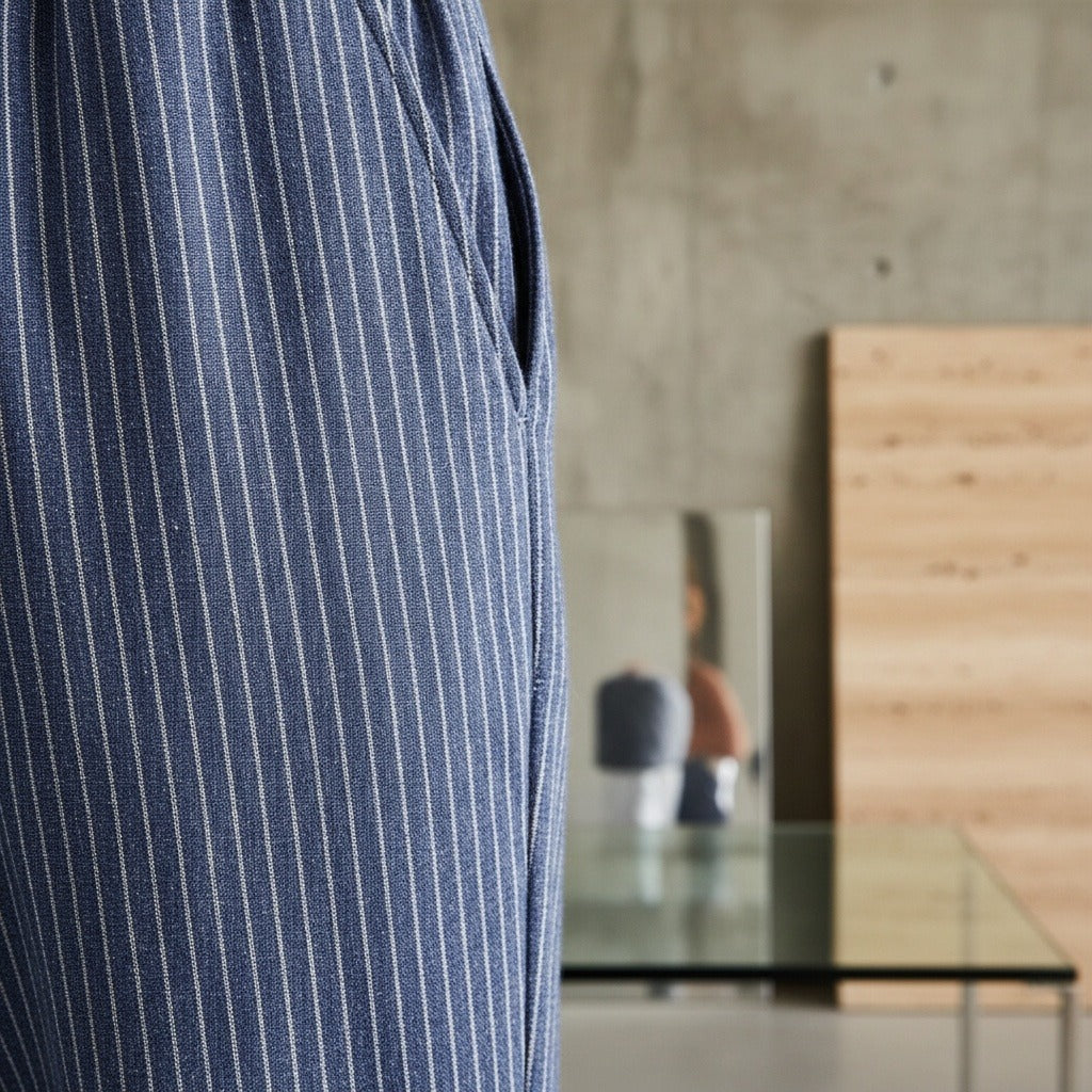 Striped Linen Trousers Men - Navy Stripe - Back View