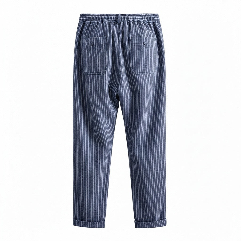 Striped Linen Trousers Men - Navy Stripe - Fabric Detail