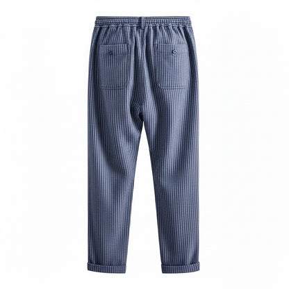 Striped Linen Trousers Men - Navy Stripe - Fabric Detail
