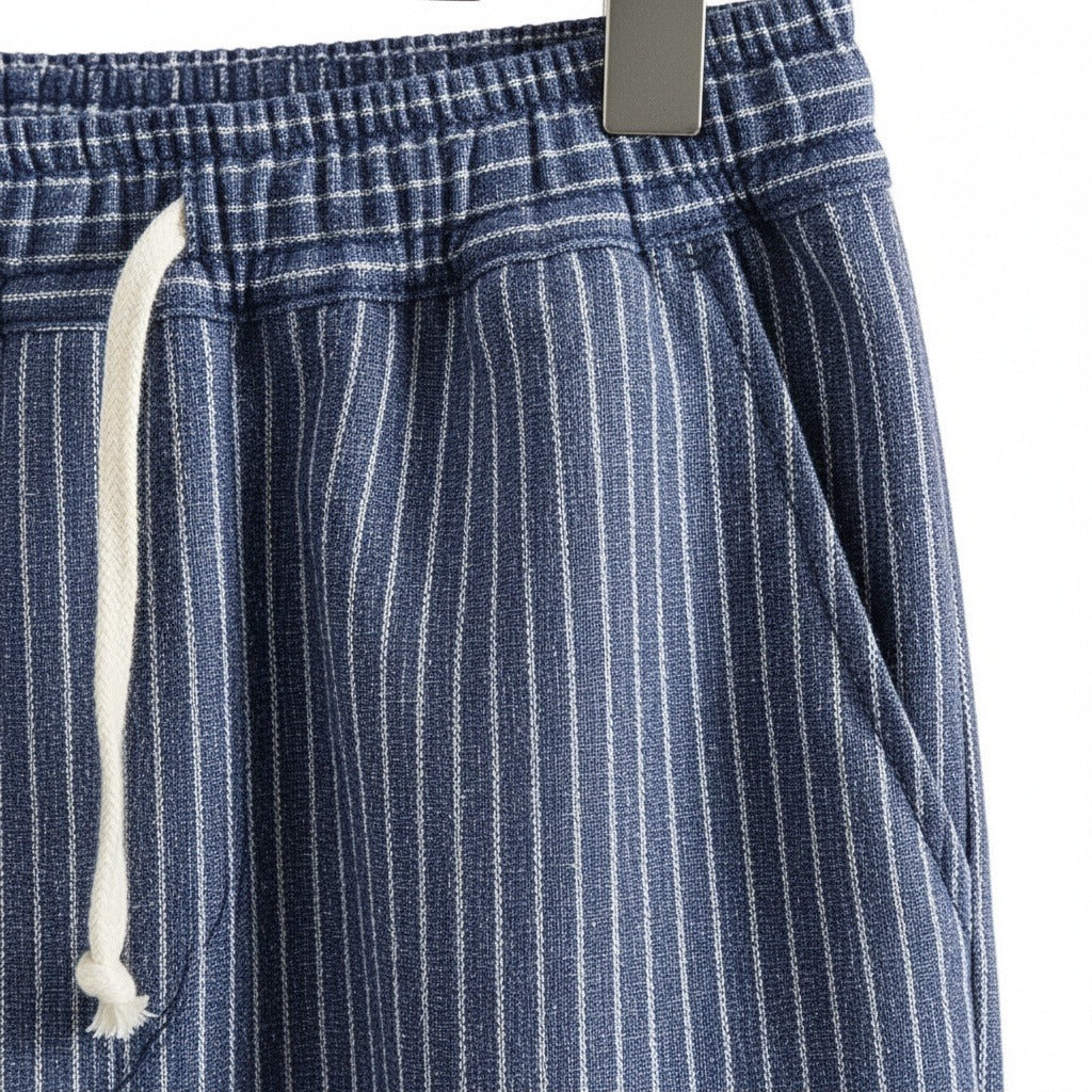 Striped Linen Trousers Men - Navy Stripe - Texture Close Up
