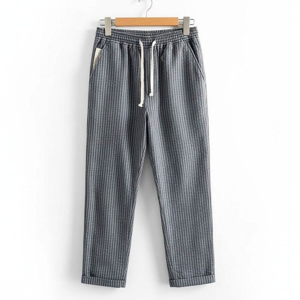 Striped Linen Trousers Men - Charcoal Stripe - Front View