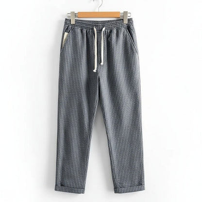 Striped Linen Trousers Men - Charcoal Stripe - Front View