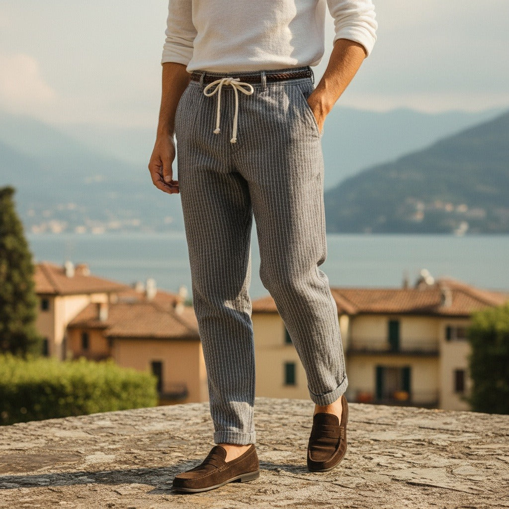 Striped Linen Trousers Men - Charcoal Stripe - Angled Shot