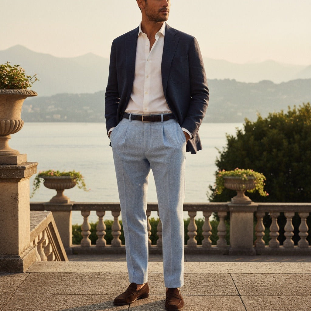 Striped Pleated Trousers Men - Light Blue - Angled Shot
