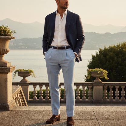 Striped Pleated Trousers Men - Light Blue - Angled Shot