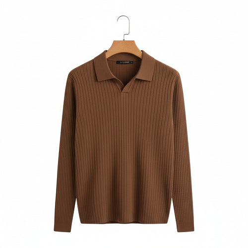 Striped Polo Shirt Long Sleeve - Brown - Front View