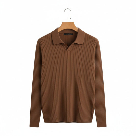 Striped Polo Shirt Long Sleeve - Brown - Front View