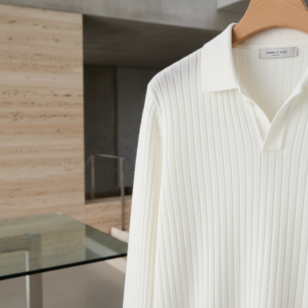 Striped Polo Shirt Long Sleeve - Cream - Back View
